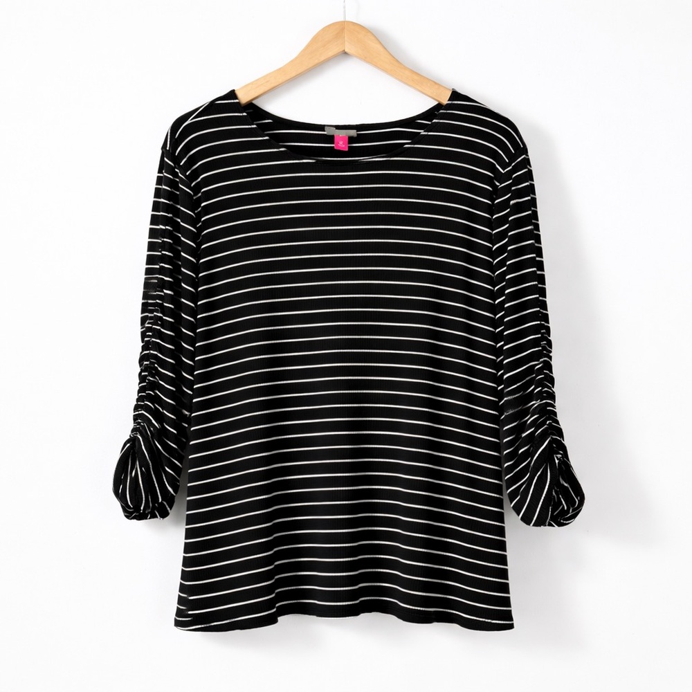 Vince Camuto Black & White Striped Ribbed Knit Top Ruched Sleeves 3X Plus Size